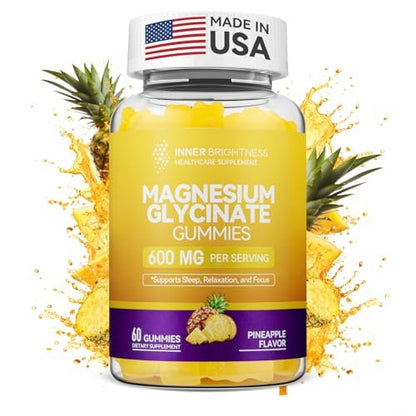 Magnesiumglycinat Gummibärchen 600 mg – Non-GMO, glutenfrei, Magnesium Gummis für Erwachsene & Kinder, Schlaf, Entspannung & Konzentration, Ananasgeschmack, 60 Stück
