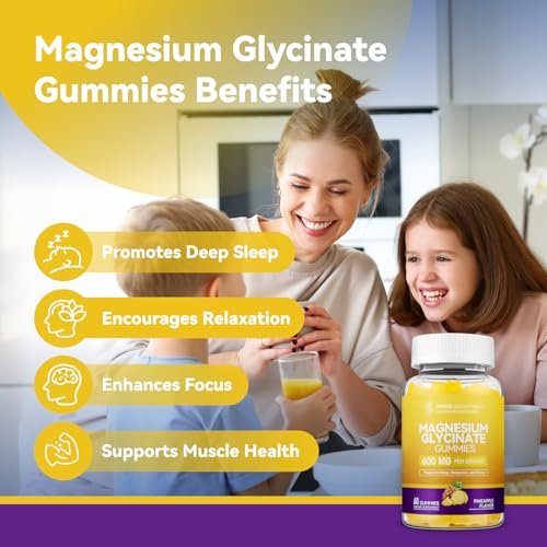Magnesiumglycinat Gummibärchen 600 mg – Non-GMO, glutenfrei, Magnesium Gummis für Erwachsene & Kinder, Schlaf, Entspannung & Konzentration, Ananasgeschmack, 60 Stück