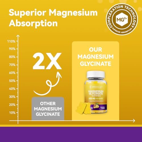 Magnesiumglycinat Gummibärchen 600 mg – Non-GMO, glutenfrei, Magnesium Gummis für Erwachsene & Kinder, Schlaf, Entspannung & Konzentration, Ananasgeschmack, 60 Stück