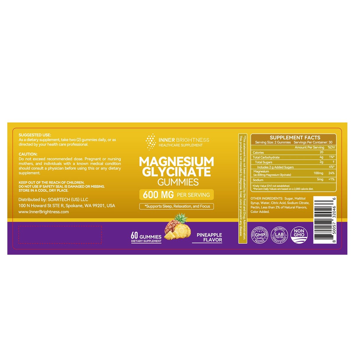 Magnesiumglycinat Gummibärchen 600 mg – Non-GMO, glutenfrei, Magnesium Gummis für Erwachsene & Kinder, Schlaf, Entspannung & Konzentration, Ananasgeschmack, 60 Stück