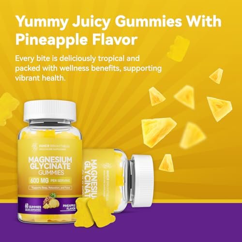 Magnesiumglycinat Gummibärchen 600 mg – Non-GMO, glutenfrei, Magnesium Gummis für Erwachsene & Kinder, Schlaf, Entspannung & Konzentration, Ananasgeschmack, 60 Stück