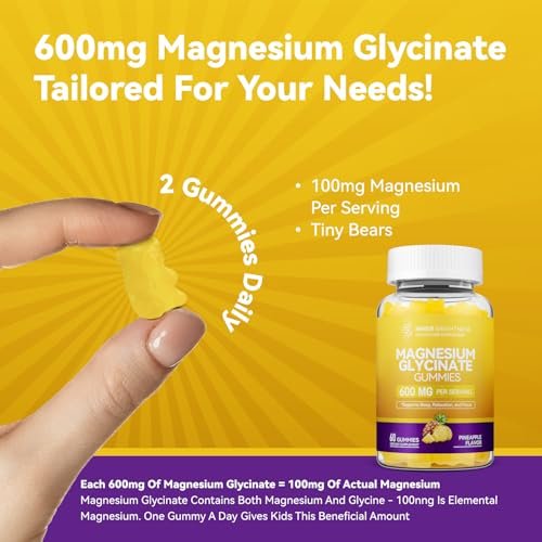 Magnesiumglycinat Gummibärchen 600 mg – Non-GMO, glutenfrei, Magnesium Gummis für Erwachsene & Kinder, Schlaf, Entspannung & Konzentration, Ananasgeschmack, 60 Stück