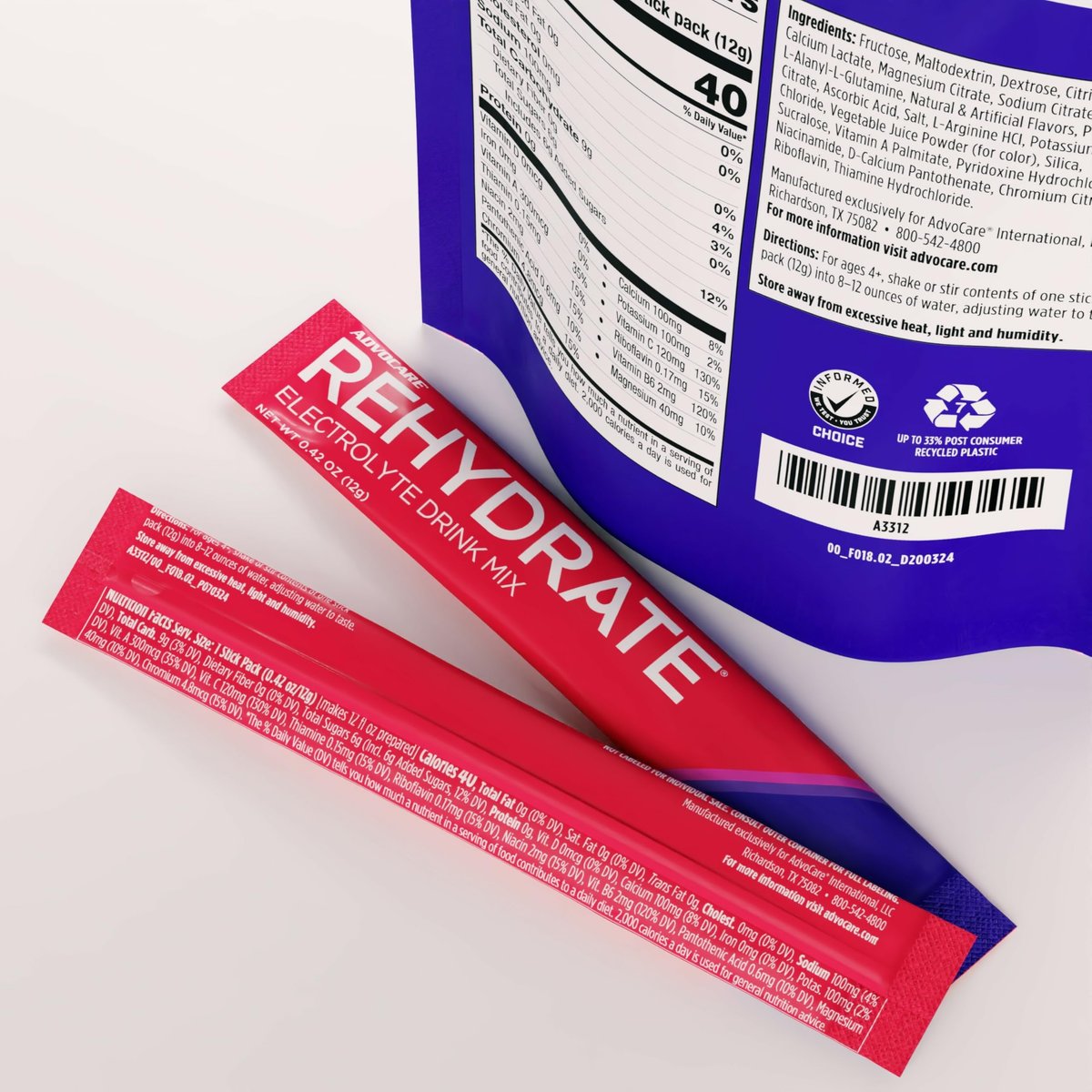 AdvoCare Rehydrate - Elektrolyt-Getränkepulver - mit Magnesium, Natrium, Kalium & Calcium - Antioxidantien & Aminosäuren - Hydration & Erholung - Fruchtpunsch, 15 Sticks (6,3 oz)
