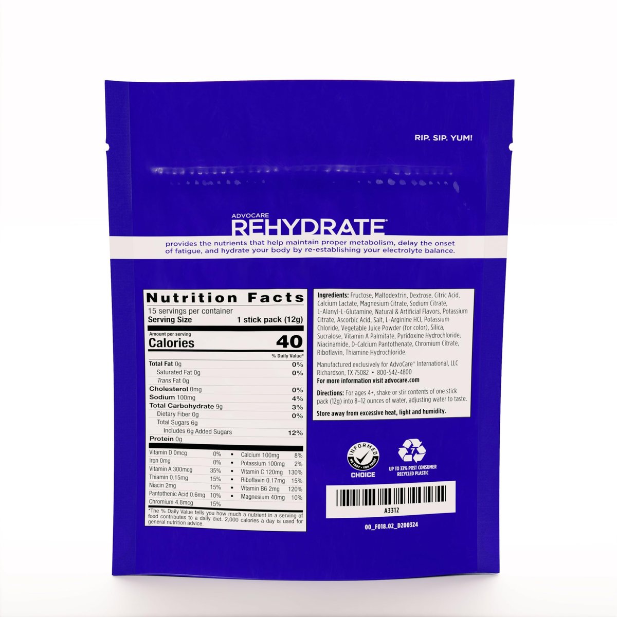 AdvoCare Rehydrate - Elektrolyt-Getränkepulver - mit Magnesium, Natrium, Kalium & Calcium - Antioxidantien & Aminosäuren - Hydration & Erholung - Fruchtpunsch, 15 Sticks (6,3 oz)