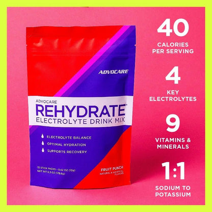 AdvoCare Rehydrate - Elektrolyt-Getränkepulver - mit Magnesium, Natrium, Kalium & Calcium - Antioxidantien & Aminosäuren - Hydration & Erholung - Fruchtpunsch, 15 Sticks (6,3 oz)