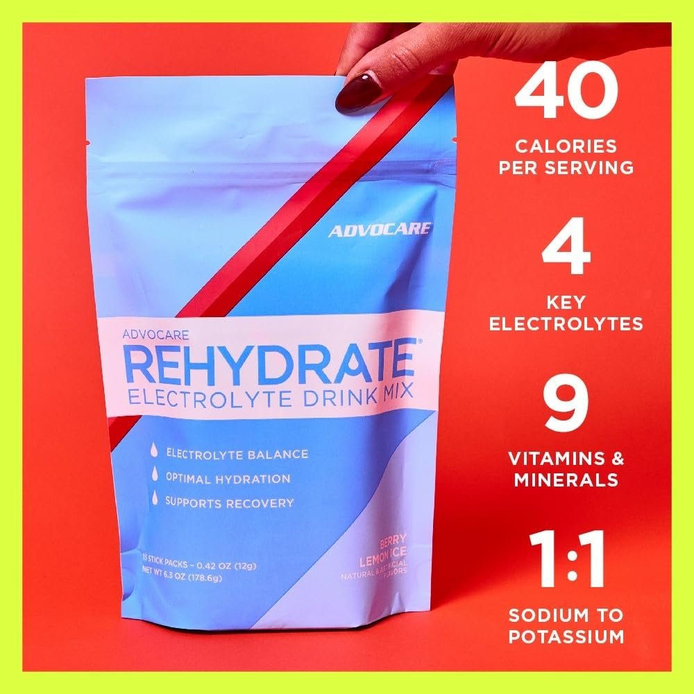 AdvoCare Rehydrate Elektrolyt-Getränkepulver – Berry Lemon Ice, 15 Sticks (6,3 oz) – mit Magnesium, Natrium, Kalium & Calcium – Antioxidantien & Aminosäuren – für Hydration & Erholung