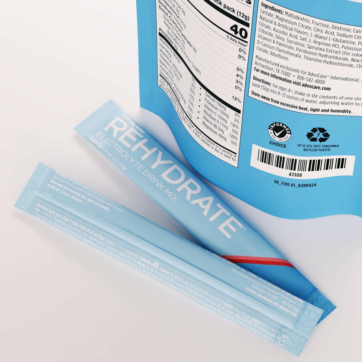 AdvoCare Rehydrate Elektrolyt-Getränkepulver – Berry Lemon Ice, 15 Sticks (6,3 oz) – mit Magnesium, Natrium, Kalium & Calcium – Antioxidantien & Aminosäuren – für Hydration & Erholung
