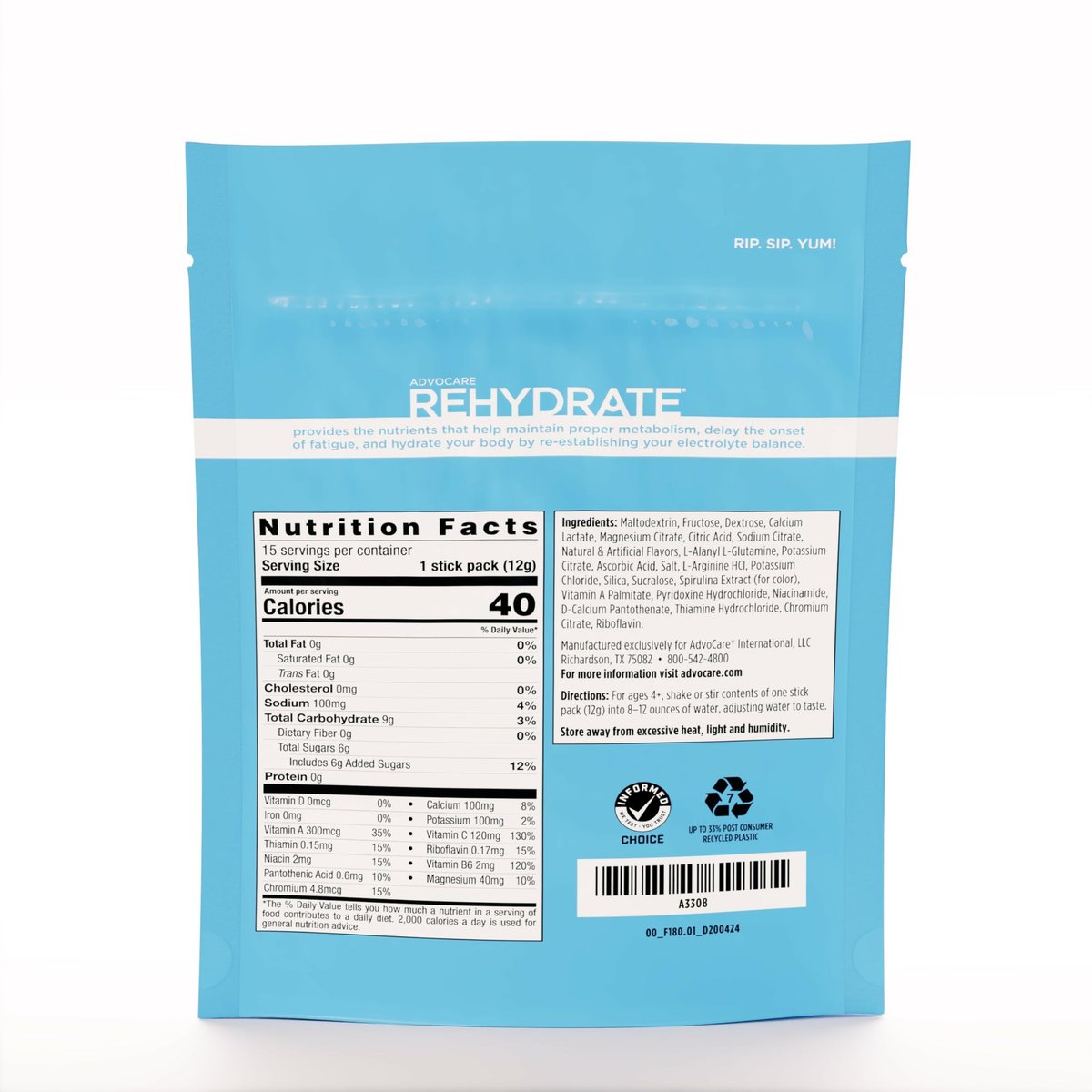 AdvoCare Rehydrate Elektrolyt-Getränkepulver – Berry Lemon Ice, 15 Sticks (6,3 oz) – mit Magnesium, Natrium, Kalium & Calcium – Antioxidantien & Aminosäuren – für Hydration & Erholung