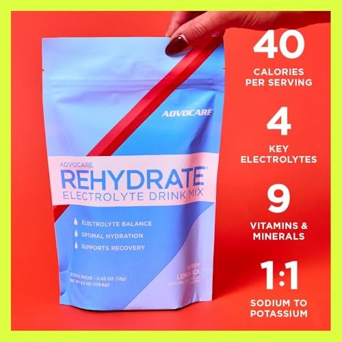 AdvoCare Rehydrate Elektrolyt-Getränkepulver – Berry Lemon Ice, 15 Sticks (6,3 oz) – mit Magnesium, Natrium, Kalium & Calcium – Antioxidantien & Aminosäuren – für Hydration & Erholung