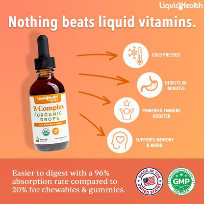 LIQUIDHEALTH USDA Bio Vitamin B Komplex Tropfen für Männer & Frauen - Natürliche Energie, verbesserte Konzentration, Gedächtnis & Stimmung, Immununterstützung, Stoffwechsel-Boost - Hergestellt in den USA, extra stark, zuckerfrei, vegan (60 ml)