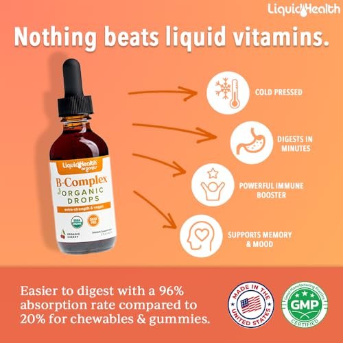 LIQUIDHEALTH USDA Bio Vitamin B Komplex Tropfen für Männer & Frauen - Natürliche Energie, verbesserte Konzentration, Gedächtnis & Stimmung, Immununterstützung, Stoffwechsel-Boost - Hergestellt in den USA, extra stark, zuckerfrei, vegan (60 ml)