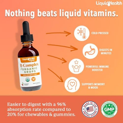 LIQUIDHEALTH USDA Bio Vitamin B Komplex Tropfen für Männer & Frauen - Natürliche Energie, verbesserte Konzentration, Gedächtnis & Stimmung, Immununterstützung, Stoffwechsel-Boost - Hergestellt in den USA, extra stark, zuckerfrei, vegan (60 ml)