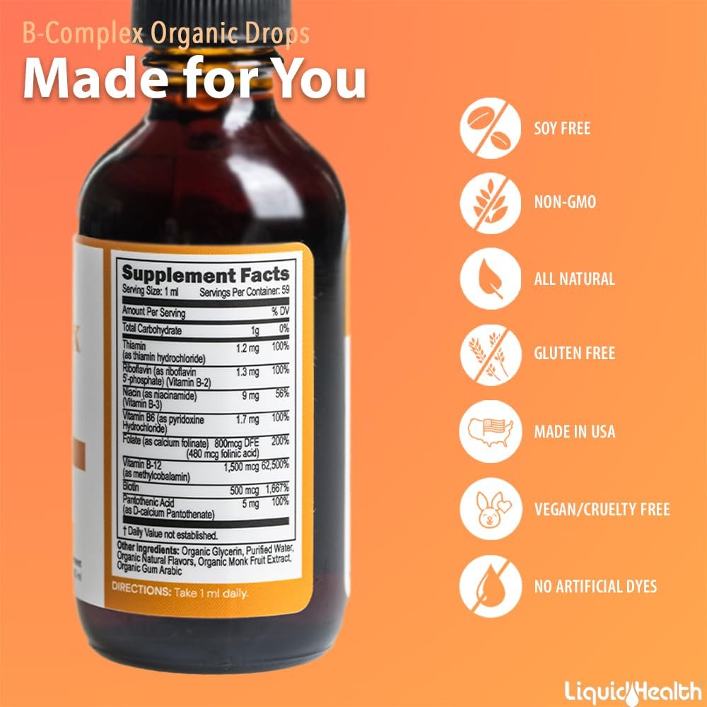 LIQUIDHEALTH USDA Bio Vitamin B Komplex Tropfen für Männer & Frauen - Natürliche Energie, verbesserte Konzentration, Gedächtnis & Stimmung, Immununterstützung, Stoffwechsel-Boost - Hergestellt in den USA, extra stark, zuckerfrei, vegan (60 ml)