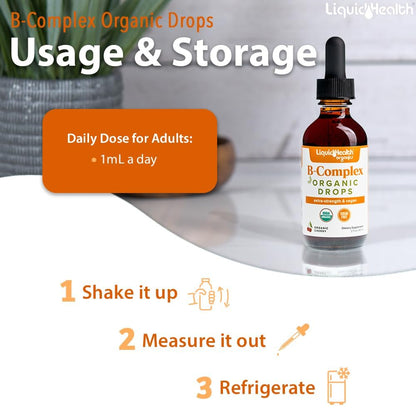 LIQUIDHEALTH USDA Bio Vitamin B Komplex Tropfen für Männer & Frauen - Natürliche Energie, verbesserte Konzentration, Gedächtnis & Stimmung, Immununterstützung, Stoffwechsel-Boost - Hergestellt in den USA, extra stark, zuckerfrei, vegan (60 ml)