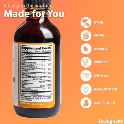 LIQUIDHEALTH USDA Bio Vitamin B Komplex Tropfen für Männer & Frauen - Natürliche Energie, verbesserte Konzentration, Gedächtnis & Stimmung, Immununterstützung, Stoffwechsel-Boost - Hergestellt in den USA, extra stark, zuckerfrei, vegan (60 ml)