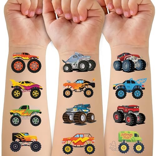 50 Stück Monster Truck Tattoos für Kinder – Temporäre Tattoos für Geburtstagsfeiern, Rennwagen, Schachbrett, Pokal & Flammen – Aufkleber für Jungen, Mädchen & Partytüten