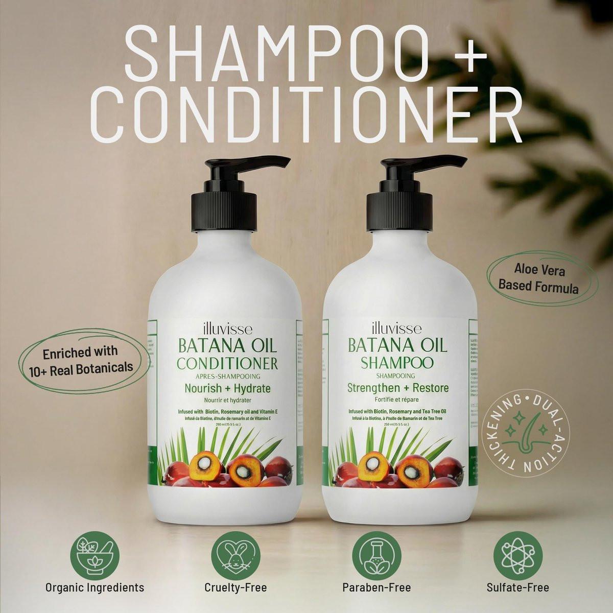 ILLUVISSE Batana Öl Shampoo & Conditioner Set für Haarwachstum & -verdickung – Bio Rosmarin, Teebaumöl, Biotin & Aloe Vera für Männer & Frauen – Stärkt, pflegt & glättet, 500 ml je Flasche