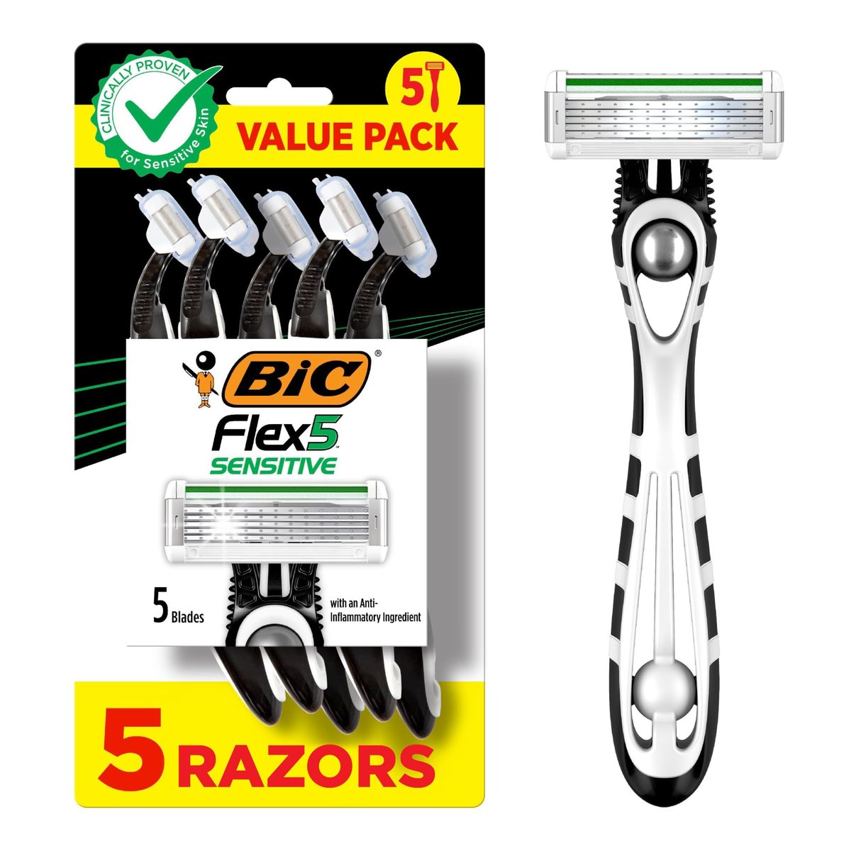 BIC Flex 5 Sensitive Herren Einwegrasierer mit 5 Klingen, sanfte Rasur, 5er-Pack