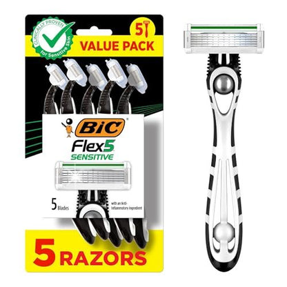 BIC Flex 5 Sensitive Herren Einwegrasierer mit 5 Klingen, sanfte Rasur, 5er-Pack
