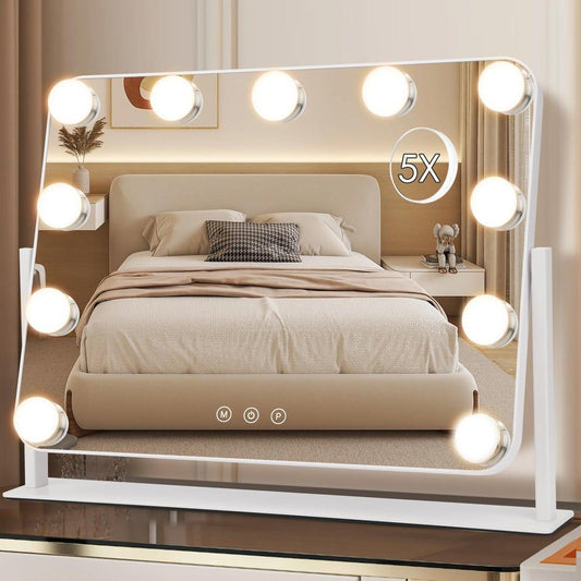 DenCert 360° Schminktischspiegel mit LED-Lichtern, 11 LED-Glühbirnen, Hollywood-Spiegel mit 5-facher Vergrößerung, Tischspiegel für Make-up, 3 Lichtmodi, 16x13 Zoll, Weiß