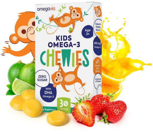 OmegaVia Omega 3 Chewies – Tägliche DHA-Kaubare Vitamine für Kinder ab 3 Jahren, Unterstützung für Gehirn & Augen, Zuckerfreier natürlicher Fruchtgeschmack, Omega-3-Fischöl, 30 Einzelpackungen