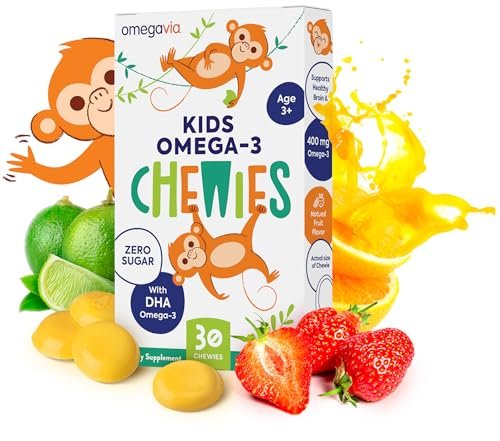 OmegaVia Omega 3 Chewies – Tägliche DHA-Kaubare Vitamine für Kinder ab 3 Jahren, Unterstützung für Gehirn & Augen, Zuckerfreier natürlicher Fruchtgeschmack, Omega-3-Fischöl, 30 Einzelpackungen