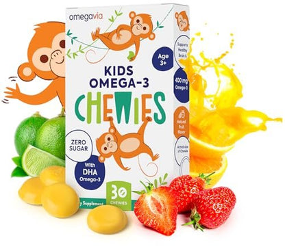 OmegaVia Omega 3 Chewies – Tägliche DHA-Kaubare Vitamine für Kinder ab 3 Jahren, Unterstützung für Gehirn & Augen, Zuckerfreier natürlicher Fruchtgeschmack, Omega-3-Fischöl, 30 Einzelpackungen