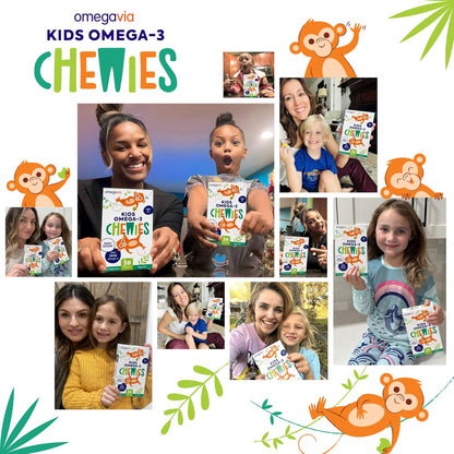OmegaVia Omega 3 Chewies – Tägliche DHA-Kaubare Vitamine für Kinder ab 3 Jahren, Unterstützung für Gehirn & Augen, Zuckerfreier natürlicher Fruchtgeschmack, Omega-3-Fischöl, 30 Einzelpackungen