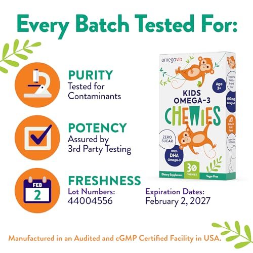 OmegaVia Omega 3 Chewies – Tägliche DHA-Kaubare Vitamine für Kinder ab 3 Jahren, Unterstützung für Gehirn & Augen, Zuckerfreier natürlicher Fruchtgeschmack, Omega-3-Fischöl, 30 Einzelpackungen