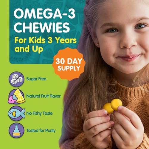 OmegaVia Omega 3 Chewies – Tägliche DHA-Kaubare Vitamine für Kinder ab 3 Jahren, Unterstützung für Gehirn & Augen, Zuckerfreier natürlicher Fruchtgeschmack, Omega-3-Fischöl, 30 Einzelpackungen