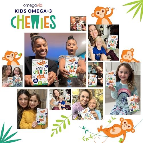 OmegaVia Omega 3 Chewies – Tägliche DHA-Kaubare Vitamine für Kinder ab 3 Jahren, Unterstützung für Gehirn & Augen, Zuckerfreier natürlicher Fruchtgeschmack, Omega-3-Fischöl, 30 Einzelpackungen