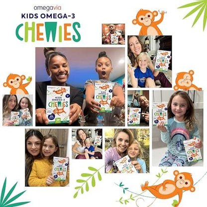 OmegaVia Omega 3 Chewies – Tägliche DHA-Kaubare Vitamine für Kinder ab 3 Jahren, Unterstützung für Gehirn & Augen, Zuckerfreier natürlicher Fruchtgeschmack, Omega-3-Fischöl, 30 Einzelpackungen