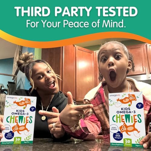 OmegaVia Omega 3 Chewies – Tägliche DHA-Kaubare Vitamine für Kinder ab 3 Jahren, Unterstützung für Gehirn & Augen, Zuckerfreier natürlicher Fruchtgeschmack, Omega-3-Fischöl, 30 Einzelpackungen