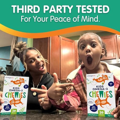 OmegaVia Omega 3 Chewies – Tägliche DHA-Kaubare Vitamine für Kinder ab 3 Jahren, Unterstützung für Gehirn & Augen, Zuckerfreier natürlicher Fruchtgeschmack, Omega-3-Fischöl, 30 Einzelpackungen