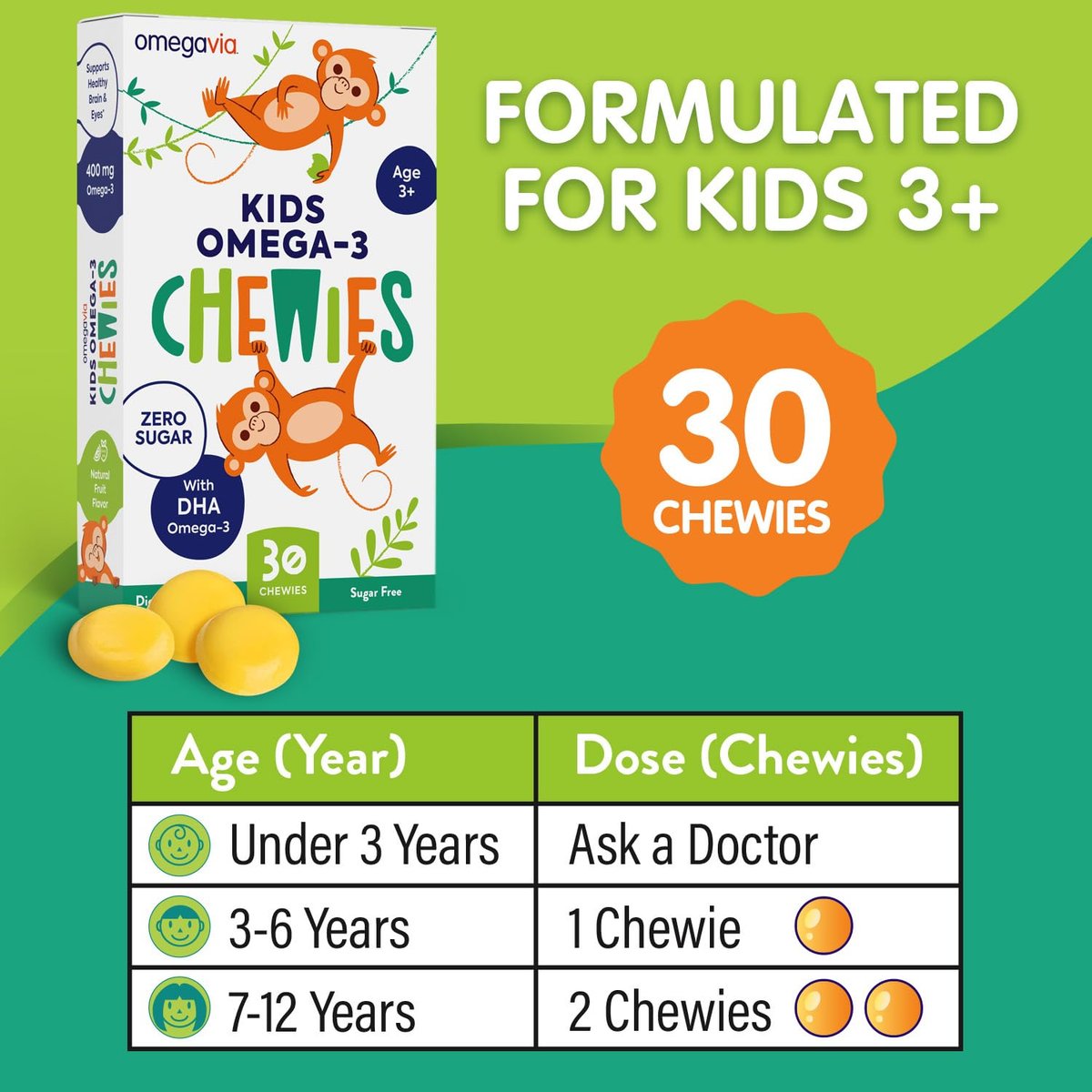 OmegaVia Omega 3 Chewies – Tägliche DHA-Kaubare Vitamine für Kinder ab 3 Jahren, Unterstützung für Gehirn & Augen, Zuckerfreier natürlicher Fruchtgeschmack, Omega-3-Fischöl, 30 Einzelpackungen