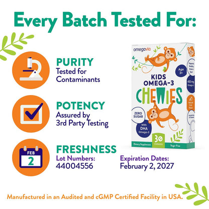 OmegaVia Omega 3 Chewies – Tägliche DHA-Kaubare Vitamine für Kinder ab 3 Jahren, Unterstützung für Gehirn & Augen, Zuckerfreier natürlicher Fruchtgeschmack, Omega-3-Fischöl, 30 Einzelpackungen