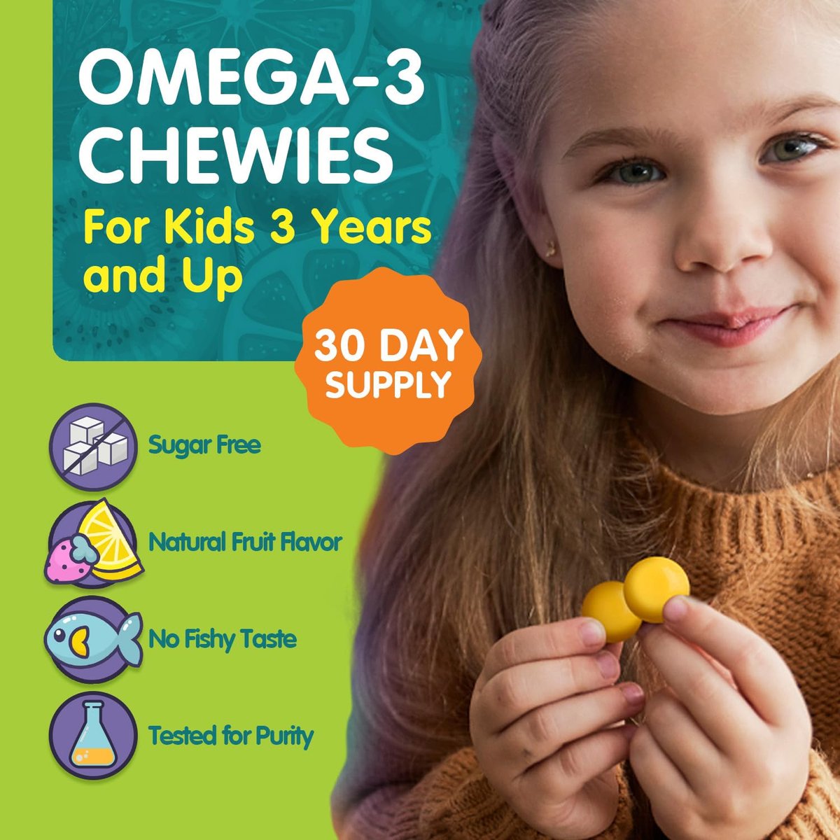OmegaVia Omega 3 Chewies – Tägliche DHA-Kaubare Vitamine für Kinder ab 3 Jahren, Unterstützung für Gehirn & Augen, Zuckerfreier natürlicher Fruchtgeschmack, Omega-3-Fischöl, 30 Einzelpackungen