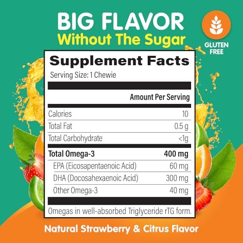 OmegaVia Omega 3 Chewies – Tägliche DHA-Kaubare Vitamine für Kinder ab 3 Jahren, Unterstützung für Gehirn & Augen, Zuckerfreier natürlicher Fruchtgeschmack, Omega-3-Fischöl, 30 Einzelpackungen