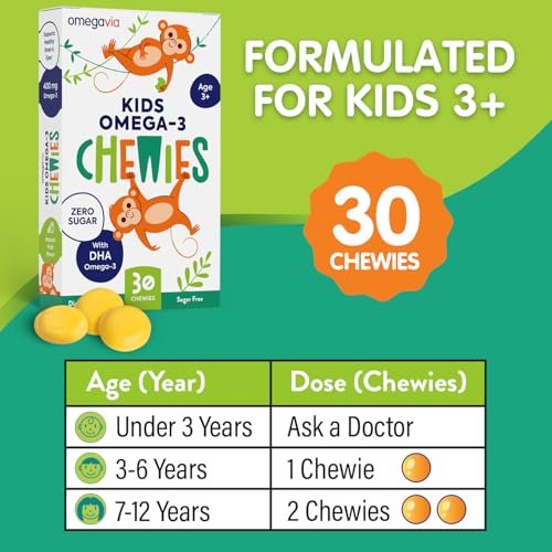 OmegaVia Omega 3 Chewies – Tägliche DHA-Kaubare Vitamine für Kinder ab 3 Jahren, Unterstützung für Gehirn & Augen, Zuckerfreier natürlicher Fruchtgeschmack, Omega-3-Fischöl, 30 Einzelpackungen