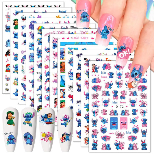12 Blätter Blaue Monster Nagelaufkleber 3D Cartoon Rosa Blau Tier Selbstklebende Nageldesign-Aufkleber Süße Blaue Tier Blumen Herz Nagel-Dekorationen für Frauen Mädchen und Kinder DIY Maniküre