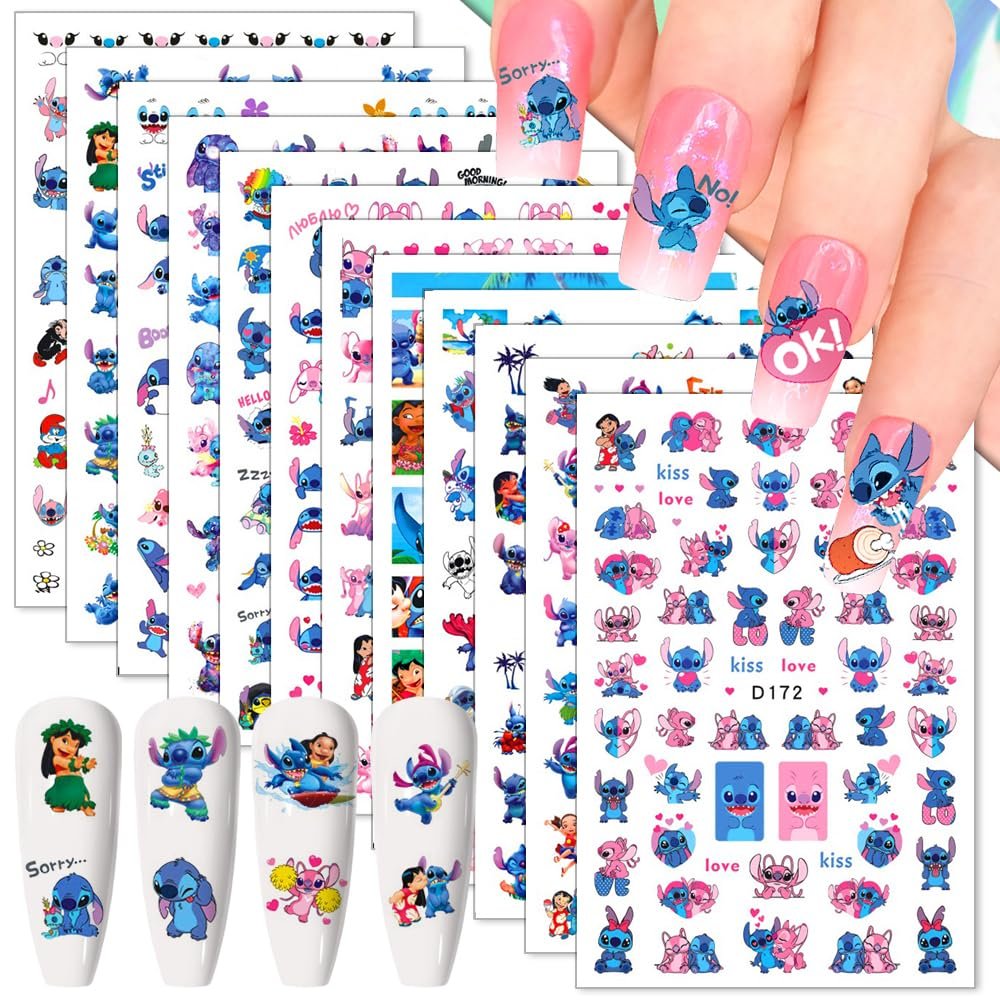 12 Blätter Blaue Monster Nagelaufkleber 3D Cartoon Rosa Blau Tier Selbstklebende Nageldesign-Aufkleber Süße Blaue Tier Blumen Herz Nagel-Dekorationen für Frauen Mädchen und Kinder DIY Maniküre