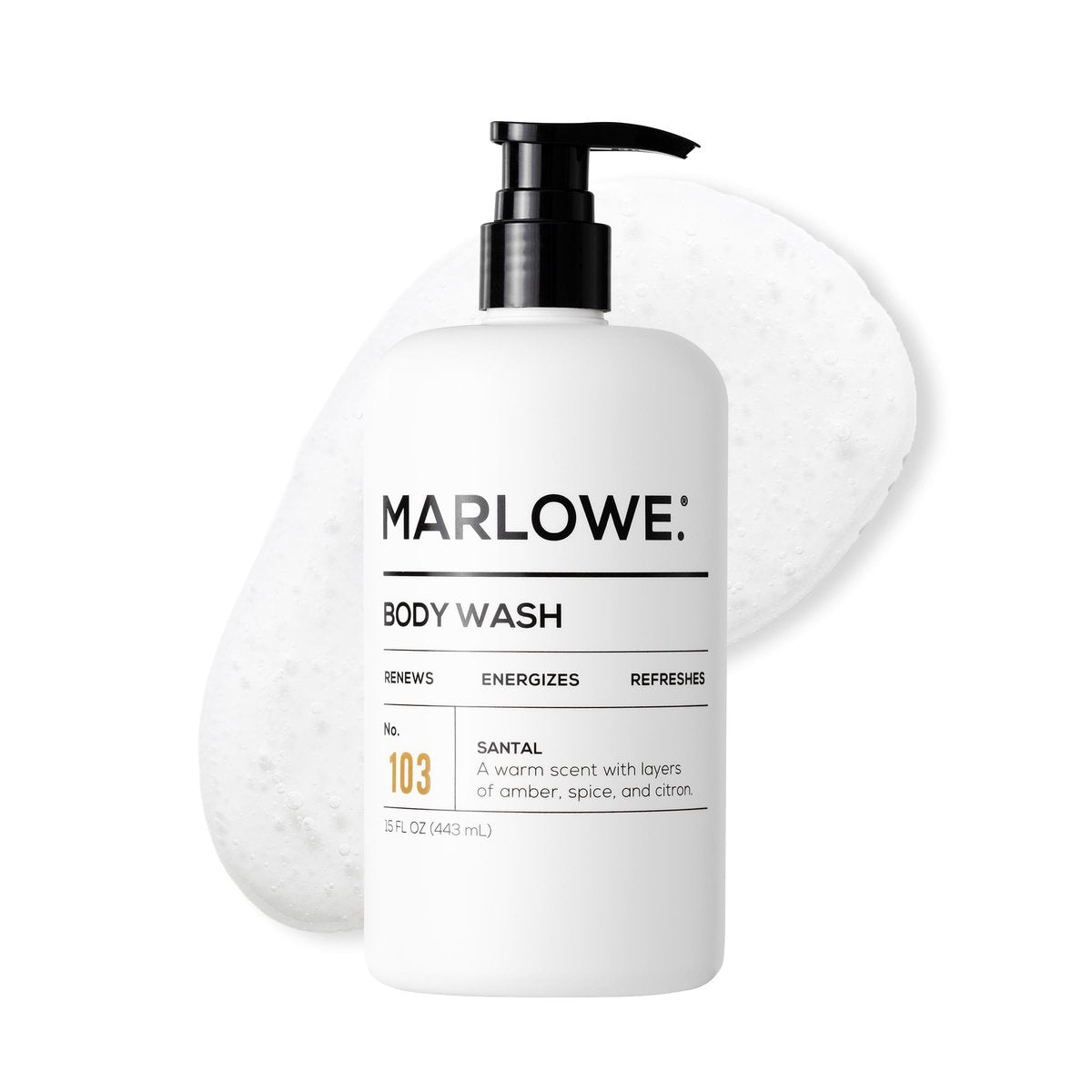 MARLOWE. Herrenduschgel 15oz Pumpe – Energisierendes & Erfrischendes Duschgel mit Weidenrinde & Grüntee-Extrakt, Feuchtigkeitsspendend, Pflegend, Vegan – Duft nach Warmem Amber, Sandelholz & Citron Santal