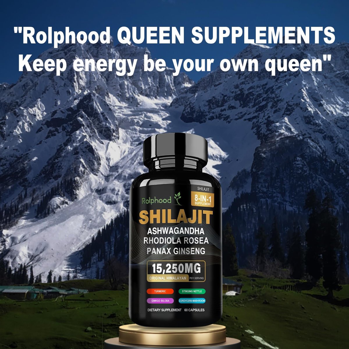 Rolphood Shilajit Kapseln für Männer/Frauen – Reines Himalaya Bio-Shilajit mit Ashwagandha, 60 Kapseln als Alternative zu Harz, Tropfen & Gummis