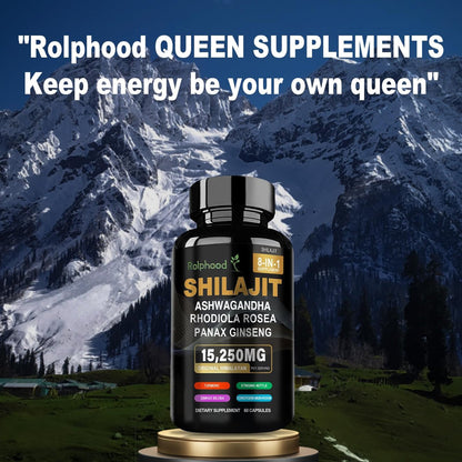 Rolphood Shilajit Kapseln für Männer/Frauen – Reines Himalaya Bio-Shilajit mit Ashwagandha, 60 Kapseln als Alternative zu Harz, Tropfen & Gummis