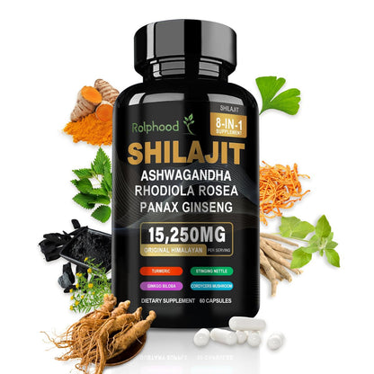 Rolphood Shilajit Kapseln für Männer/Frauen – Reines Himalaya Bio-Shilajit mit Ashwagandha, 60 Kapseln als Alternative zu Harz, Tropfen & Gummis