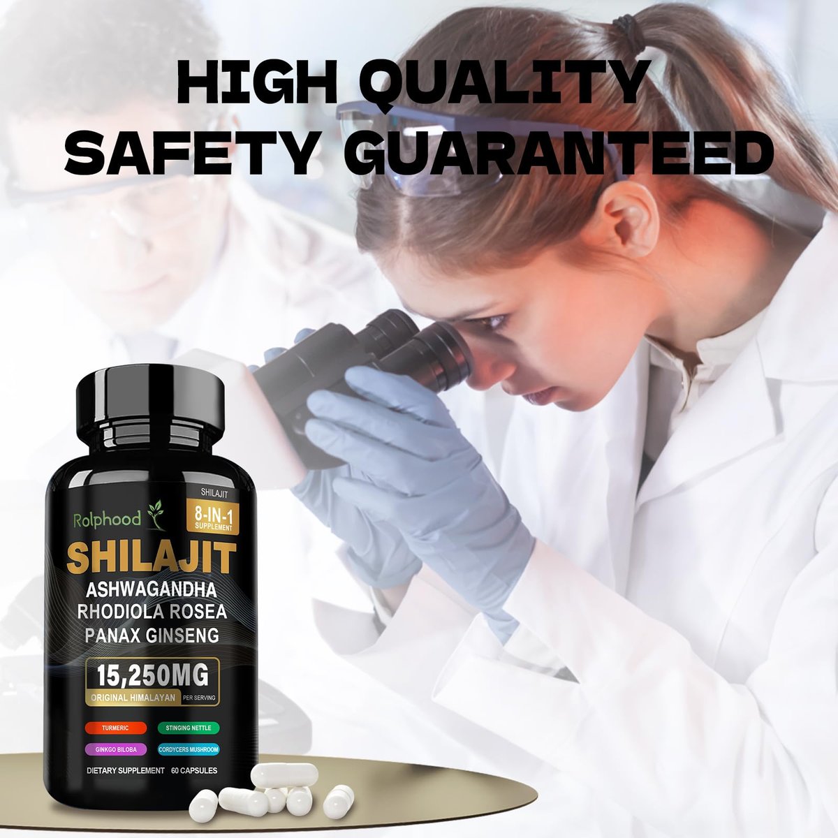Rolphood Shilajit Kapseln für Männer/Frauen – Reines Himalaya Bio-Shilajit mit Ashwagandha, 60 Kapseln als Alternative zu Harz, Tropfen & Gummis