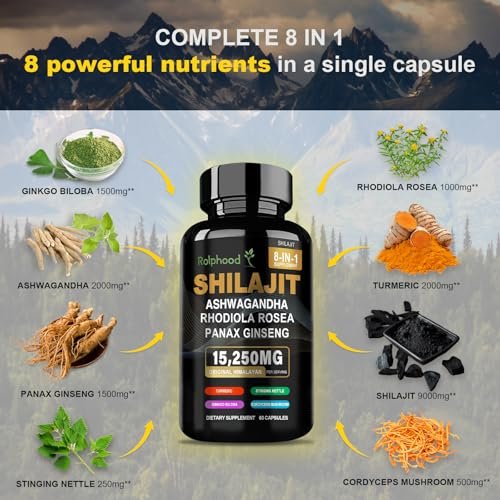 Rolphood Shilajit Kapseln für Männer/Frauen – Reines Himalaya Bio-Shilajit mit Ashwagandha, 60 Kapseln als Alternative zu Harz, Tropfen & Gummis