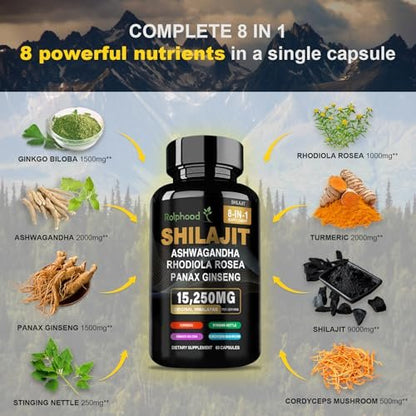Rolphood Shilajit Kapseln für Männer/Frauen – Reines Himalaya Bio-Shilajit mit Ashwagandha, 60 Kapseln als Alternative zu Harz, Tropfen & Gummis