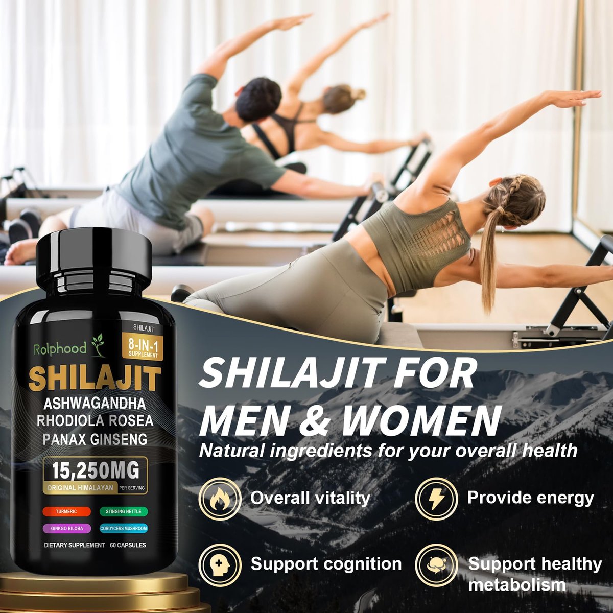Rolphood Shilajit Kapseln für Männer/Frauen – Reines Himalaya Bio-Shilajit mit Ashwagandha, 60 Kapseln als Alternative zu Harz, Tropfen & Gummis