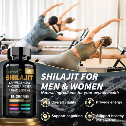Rolphood Shilajit Kapseln für Männer/Frauen – Reines Himalaya Bio-Shilajit mit Ashwagandha, 60 Kapseln als Alternative zu Harz, Tropfen & Gummis